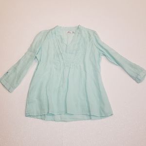 Vineyard Vines Mint Linen Blend Split V-Neck Tunic Top 3/4 Sleeves Small